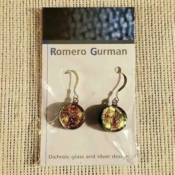 Romero Gurman Dichroic Glass 925 Sterling Silver Round Earrings Orange Green